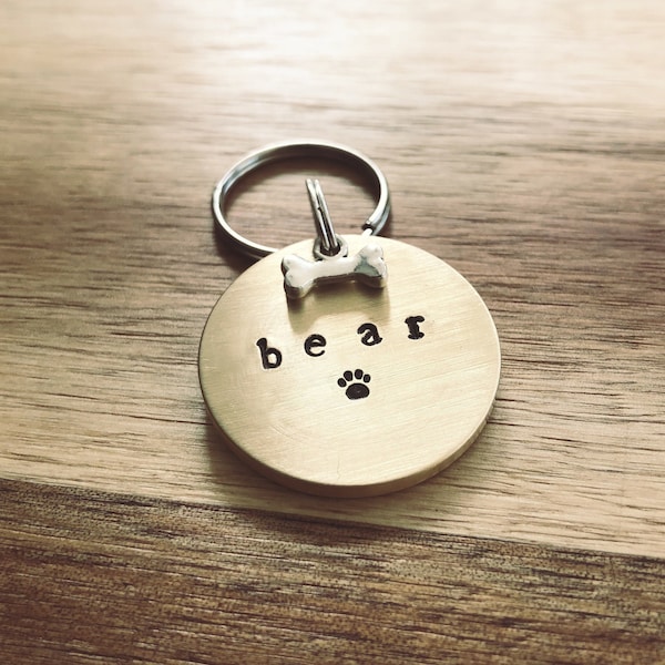 Personalised Dog Tag - Brass Handmade Collar Tag - Custom Bespoke Pet Dog Cat ID Tag Disc - Brass - Handmade Dog Lover Gift