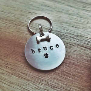 May include: Silver dog tag with a bone charm and the name "bruce" engraved on it. The tag also has a paw print.