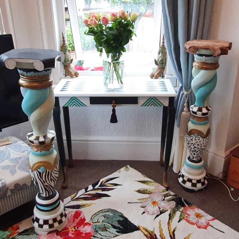 Plant Stands Stunning Quirky Pair Hand Painted in Blues and Etsy UK