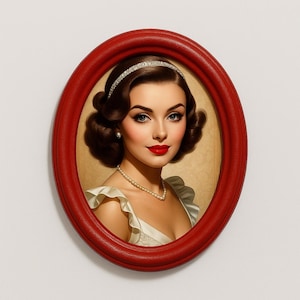 Peut inclure: Portrait ovale dans un cadre rouge. La femme a les cheveux bruns ondulés, du rouge à lèvres rouge et un collier de perles. Elle porte une robe blanche et un bandeau orné de bijoux. Le fond est de couleur claire et texturée.