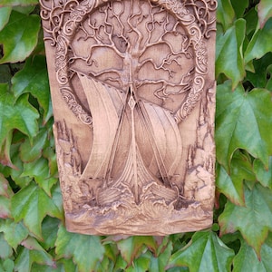 Hand-Carved Viking Longship and Yggdrasil Wall Art – Maple Wood, 16 x 24 cm