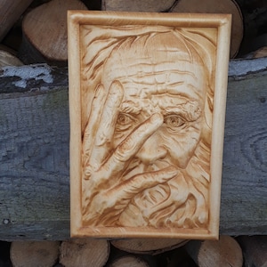 Wood carved picture wall decoration plaque. Old man face. Perfect gift