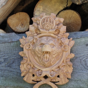 Bear decor, Carved Bear, Celtic wood carving, Viking carving, Celtic , Wall art, Wall decor, Wall hanging