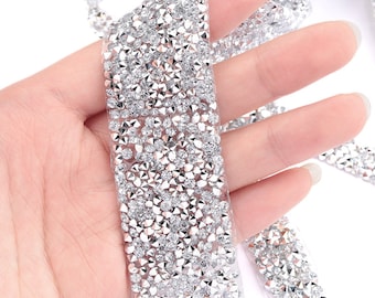 SHINYTIME Rhinestone Trims 1 Yard 4 Rows Silver Applique Banding Diamond Close Chain Rhinestones for Crafts Clothes Wedding Embellishments