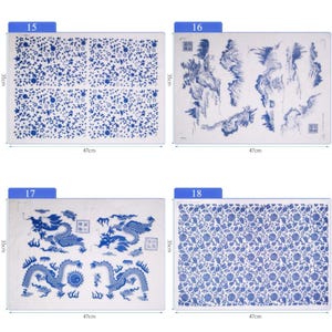 May include: Four blue and white ceramic tile designs. The tiles are 15.75 inches by 23.62 inches. The designs include a floral pattern, a mountain landscape, a dragon, and a repeating floral pattern.