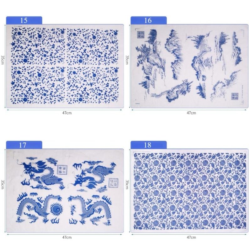 May include: Four blue and white ceramic tile designs. The tiles are 15.75 inches by 23.62 inches. The designs include a floral pattern, a mountain landscape, a dragon, and a repeating floral pattern.