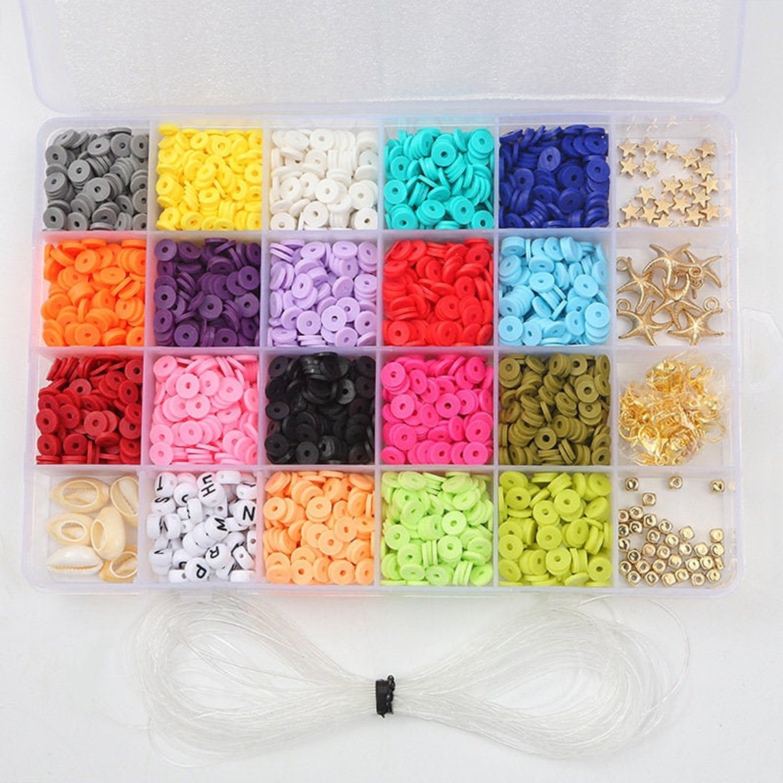 Flat Round Polymer Clay Spacer Beads Kit Charms Elastic String Etsy