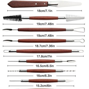 May include: A set of eight pottery tools with wooden handles and stainless steel tips. The tools vary in shape, including a spatula, brushes, loop tools, and a needle tool. Measurements are provided in both centimeters and inches.