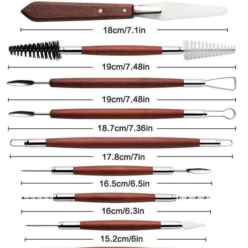 May include: A set of eight pottery tools with wooden handles and stainless steel tips. The tools vary in shape, including a spatula, brushes, loop tools, and a needle tool. Measurements are provided in both centimeters and inches.