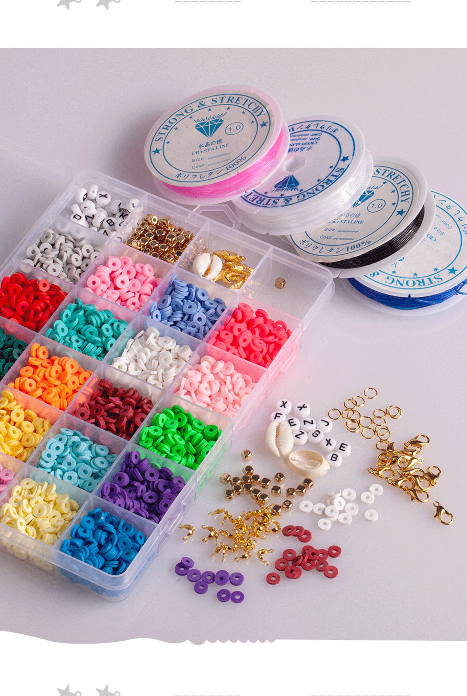 Flat Round Polymer Clay Spacer Beads Kit Charms Elastic String Etsy UK