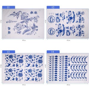 May include: Four white fabric squares with blue designs. Each square is 35 inches by 47 inches. The designs include a mountain scene, a tree scene, a floral pattern, and a geometric pattern.
