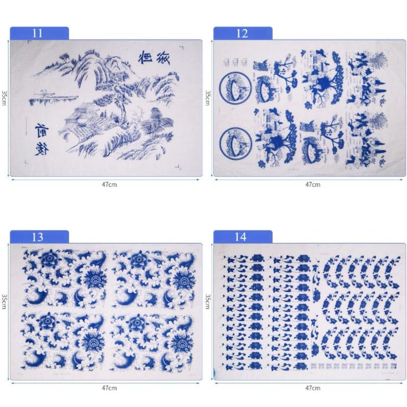 May include: Four white fabric squares with blue designs. Each square is 35 inches by 47 inches. The designs include a mountain scene, a tree scene, a floral pattern, and a geometric pattern.