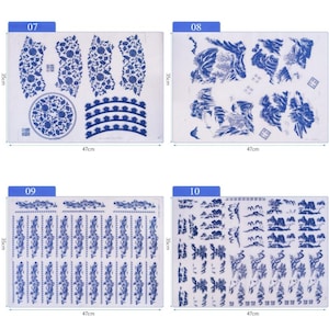 May include: Four sheets of white paper with blue and white designs printed on them. The sheets are labeled with numbers 07, 08, 09, and 10. Each sheet measures 47 cm by 35 cm.
