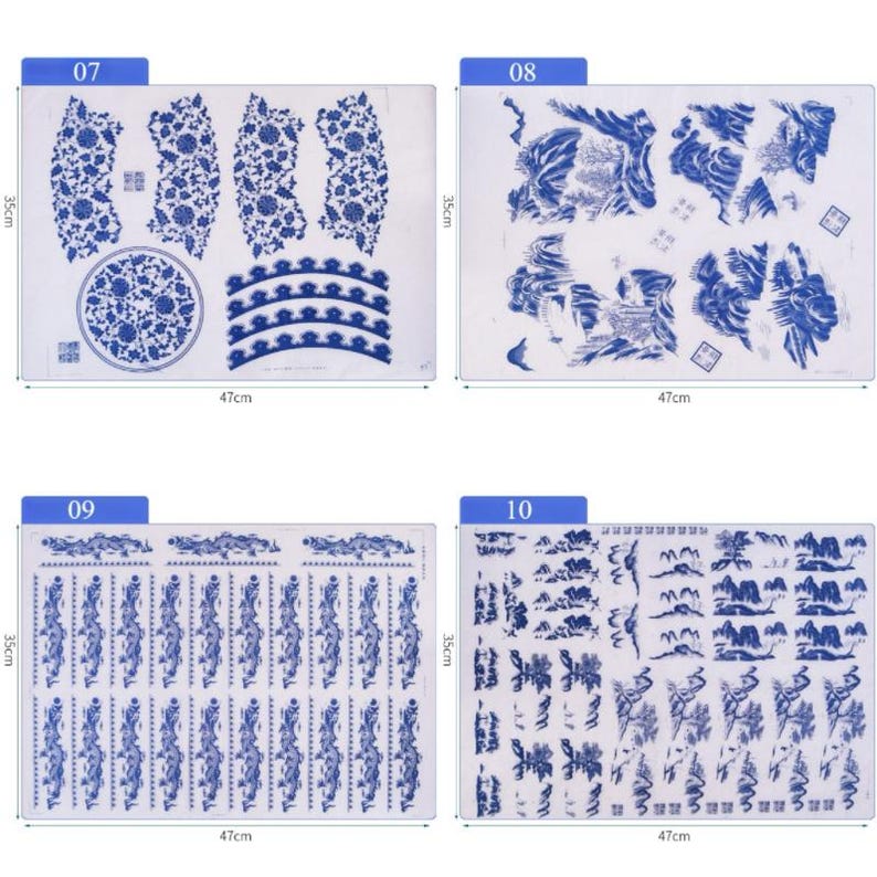 May include: Four sheets of white paper with blue and white designs printed on them. The sheets are labeled with numbers 07, 08, 09, and 10. Each sheet measures 47 cm by 35 cm.