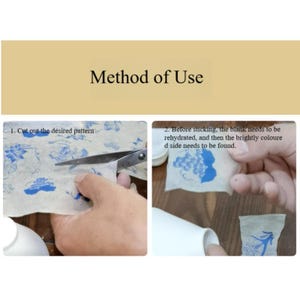 May include: Instructions on how to use decorative paper to transfer a design onto a blank surface. The image shows a person cutting out a design with scissors and then soaking the paper in water to rehydrate it before applying it to the surface.