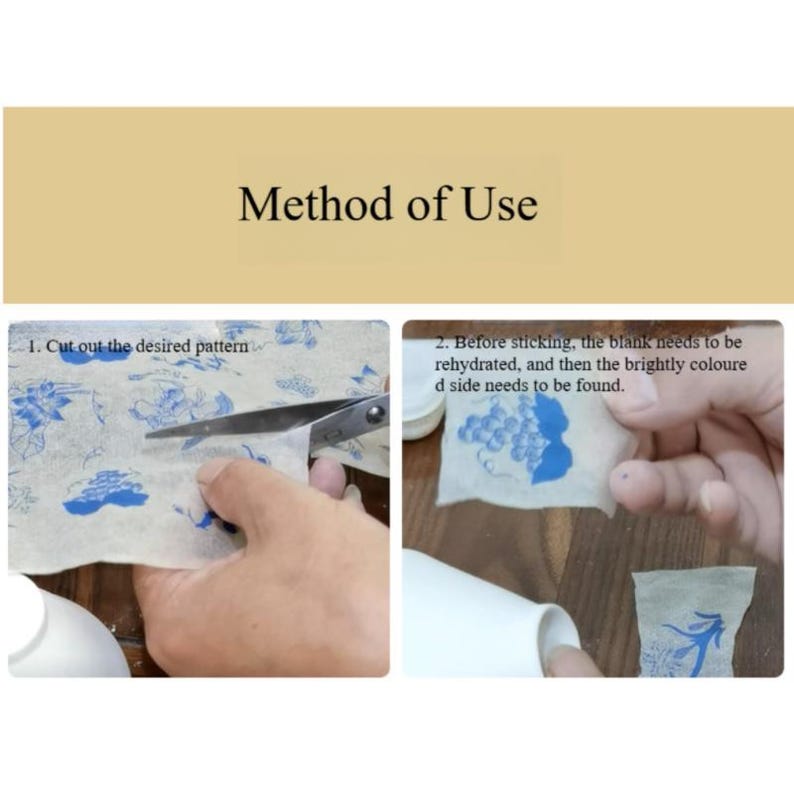 May include: Instructions on how to use decorative paper to transfer a design onto a blank surface. The image shows a person cutting out a design with scissors and then soaking the paper in water to rehydrate it before applying it to the surface.