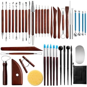 42Pcs Clay Pottery Tool Set Ceramics Sculpting Craft Wooden Handle Shaping Trimming Modeling Kit