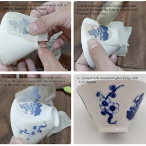 May include: Steps for applying a decal to a ceramic cup. The image shows a hand placing a decal on a white cup, followed by steps showing the decal being smoothed down, the backing paper being removed, and the cup being glazed.