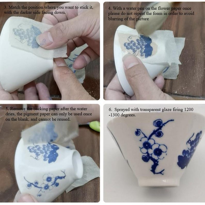 May include: Steps for applying a decal to a ceramic cup. The image shows a hand placing a decal on a white cup, followed by steps showing the decal being smoothed down, the backing paper being removed, and the cup being glazed.