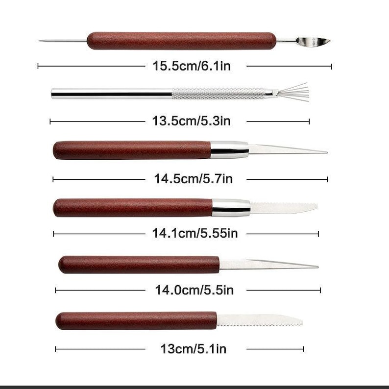 May include: A set of six craft tools with wooden handles and stainless steel blades. The tools range in length from 5.1 inches to 6.1 inches. The tools include a variety of blades and tips for detailed work.