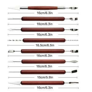 May include: A set of eight sculpting tools with wooden handles and stainless steel tips. Each tool is approximately 6.3 inches (16 cm) long, with various shaped ends for detailed work. Ideal for clay, pottery, or other craft projects.