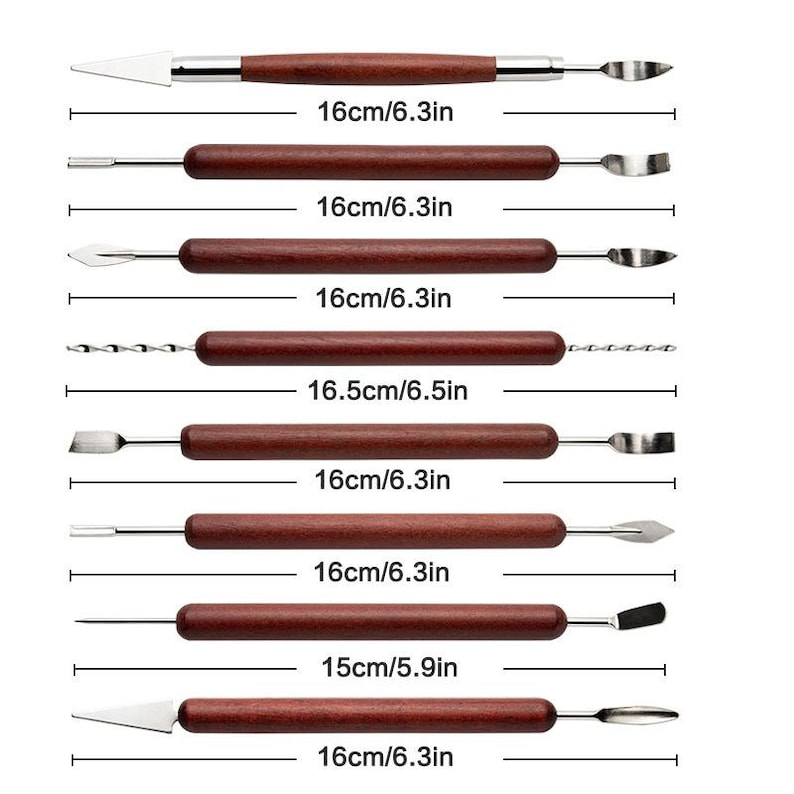 May include: A set of eight sculpting tools with wooden handles and stainless steel tips. Each tool is approximately 6.3 inches (16 cm) long, with various shaped ends for detailed work. Ideal for clay, pottery, or other craft projects.