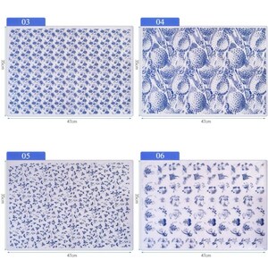May include: Four blue and white patterned nail art stamping plates. Each plate measures 4.7 inches by 3.5 inches. The plates feature different designs, including floral patterns, geometric shapes, and abstract designs.