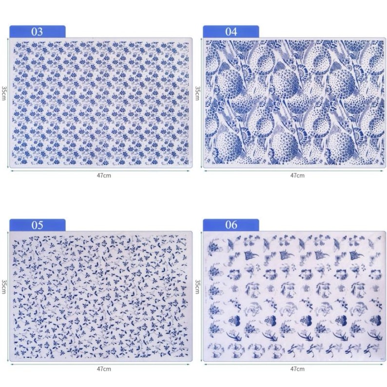 May include: Four blue and white patterned nail art stamping plates. Each plate measures 4.7 inches by 3.5 inches. The plates feature different designs, including floral patterns, geometric shapes, and abstract designs.