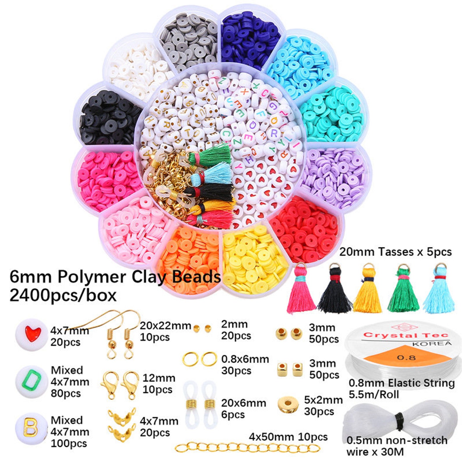 Flat Round Polymer Clay Spacer Beads Kit Charms Elastic String Etsy