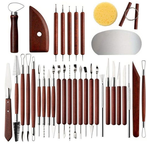 35Pcs Clay Pottery Tool Set Ceramics Sculpting Craft Wooden Handle Shaping Trimming Modeling Kit