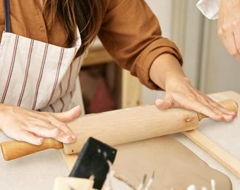 Wooden Pottery Rolling Set with Thickness Guides - Clay Roller & Linen Cloth for Pottery, Polymer Clay