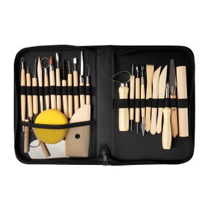 May include: A black case with a zip, filled with pottery tools. The tools have wooden handles and metal tips, such as loops, blades, and sculpting tools. A yellow sponge and other accessories are also included.