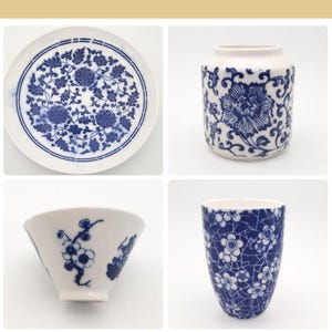 May include: A set of four blue and white porcelain teacups and a teapot with floral designs. The teacups and teapot have a traditional Chinese style.