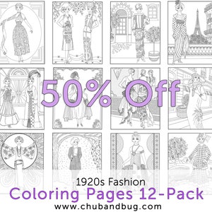 Fashion Coloring 12 Pack - Printable Coloring Book, 1920s Paris Fashion, Eiffel Tower Coloring Pages, Paris Coloring Set, Coloring Book PDF