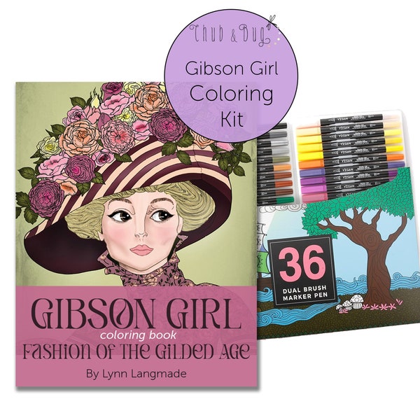 Gibson Girl Fashion Coloring Kit - Elegant 1890s Gilded Age Fashions, Adult Coloring Set with Historic Designs & Premium Art Markers