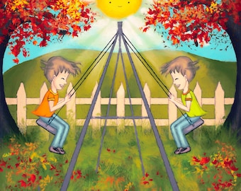 Twin Boys Swinging Print – Autumn Nursery Art