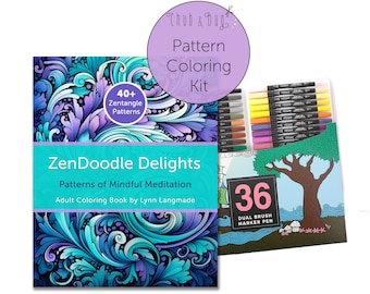 ZenDoodle Coloring Kit - Premium Adult Pattern Coloring Set for Mindful Relaxation - 1 Coloring Book & 36 Dual-Tip Markers