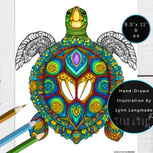 May include: A hand-drawn, colorful illustration of a turtle with intricate patterns. The turtle's shell features a vibrant array of colors, including blue, green, yellow, and purple. The image is 8.5" x 11" and A4 size. The illustration is by Lynn Langmade.