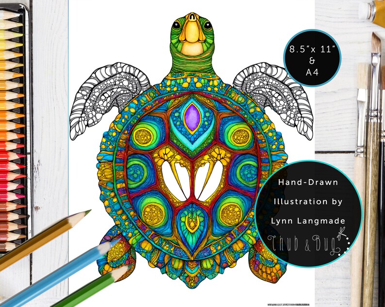May include: A hand-drawn, colorful illustration of a turtle with intricate patterns. The turtle's shell features a vibrant array of colors, including blue, green, yellow, and purple. The image is 8.5" x 11" and A4 size. The illustration is by Lynn Langmade.