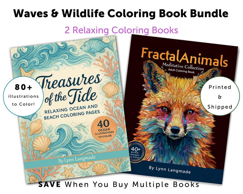May include: A bundle of two coloring books. One book features ocean and beach illustrations, titled "Treasures of the Tide." The other book, "Fractal Animals," has animal designs. Both books are by Lynn Langmade and offer over 80 illustrations to color.
