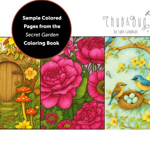 Op de afbeelding: Voorbeelden van gekleurde pagina's uit het Secret Garden kleurboek. De afbeelding toont drie kleurrijke illustraties. E&eacute;n toont een sprookjesdeur met paddenstoelen en een vlinder. Een andere toont grote roze bloemen. De derde toont vogels en een nest.