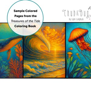 Op de afbeelding: Voorbeelden van pagina's uit het "Treasures of the Tide Coloring Book" met kleurrijke illustraties van het zeeleven. De kunstwerken omvatten een walvis, een oceaangolf en kwallen, allemaal in levendige kleuren.