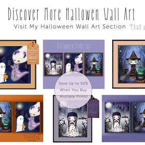 Pu&ograve; includere: Una collezione di stampe artistiche a tema Halloween. Le stampe presentano illustrazioni fantasiose di fantasmi, streghe e scene spettrali in un'ambientazione oscura e suggestiva. Il testo "Discover More Halloween Wall Art" &egrave; in alto.