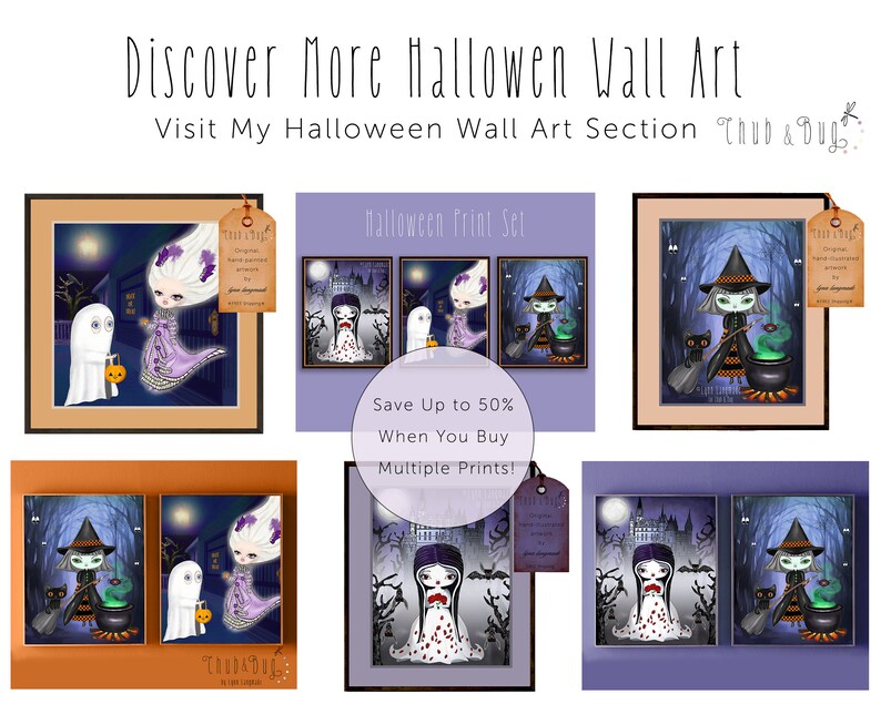 Pu&ograve; includere: Una collezione di stampe artistiche a tema Halloween. Le stampe presentano illustrazioni fantasiose di fantasmi, streghe e scene spettrali in un'ambientazione oscura e suggestiva. Il testo "Discover More Halloween Wall Art" &egrave; in alto.