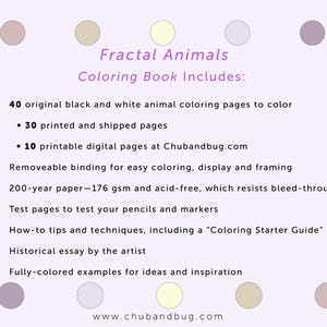 May include: A light purple background with the text "Fractal Animals Coloring Book Includes:" and a list of features. The list includes 40 black and white animal coloring pages, 30 printed pages, and 10 digital pages.