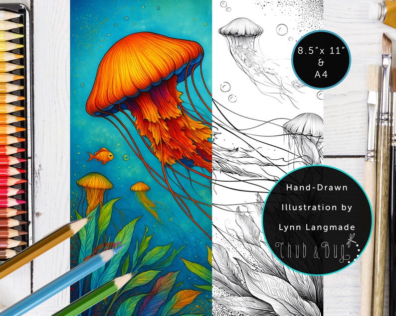 May include: A vibrant illustration of jellyfish in shades of orange, red, and yellow against a blue background. The artwork includes a hand-drawn black and white version. Text on the image reads "8.5" x 11" & A4" and "Hand-Drawn Illustration by Lynn Langmade ThuD & Dug."
