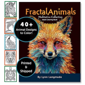 May include: A coloring book titled "Fractal Animals" features a vibrant, detailed illustration of a fox. The cover also displays a zebra, dolphin, peacock, wolf, and turtle. The book promises over 40 animal designs to color.