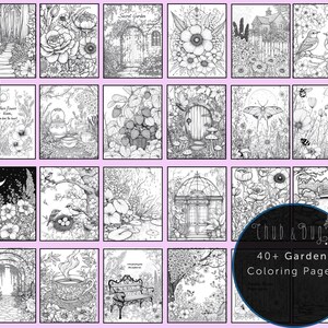 Op de afbeelding: Een verzameling zwart-wit kleurplaten met een tuinthema. De pagina's bevatten gedetailleerde illustraties van bloemen, paden, vogels en tuinsc&egrave;nes. De afbeelding bevat de tekst "Sample Pages" en "40+ Garden Coloring Pages."