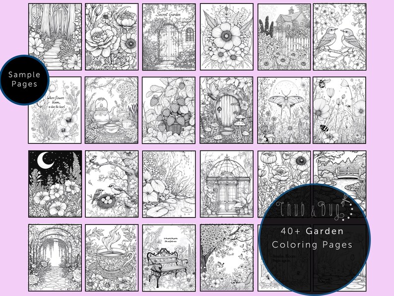 Op de afbeelding: Een verzameling zwart-wit kleurplaten met een tuinthema. De pagina's bevatten gedetailleerde illustraties van bloemen, paden, vogels en tuinsc&egrave;nes. De afbeelding bevat de tekst "Sample Pages" en "40+ Garden Coloring Pages."
