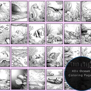 May include: Black and white ocean-themed coloring pages featuring various marine life, including jellyfish, seahorses, whales, and fish. The pages are displayed in a grid, with the text "Sample Pages" and "40+ Ocean Coloring Pages" visible.